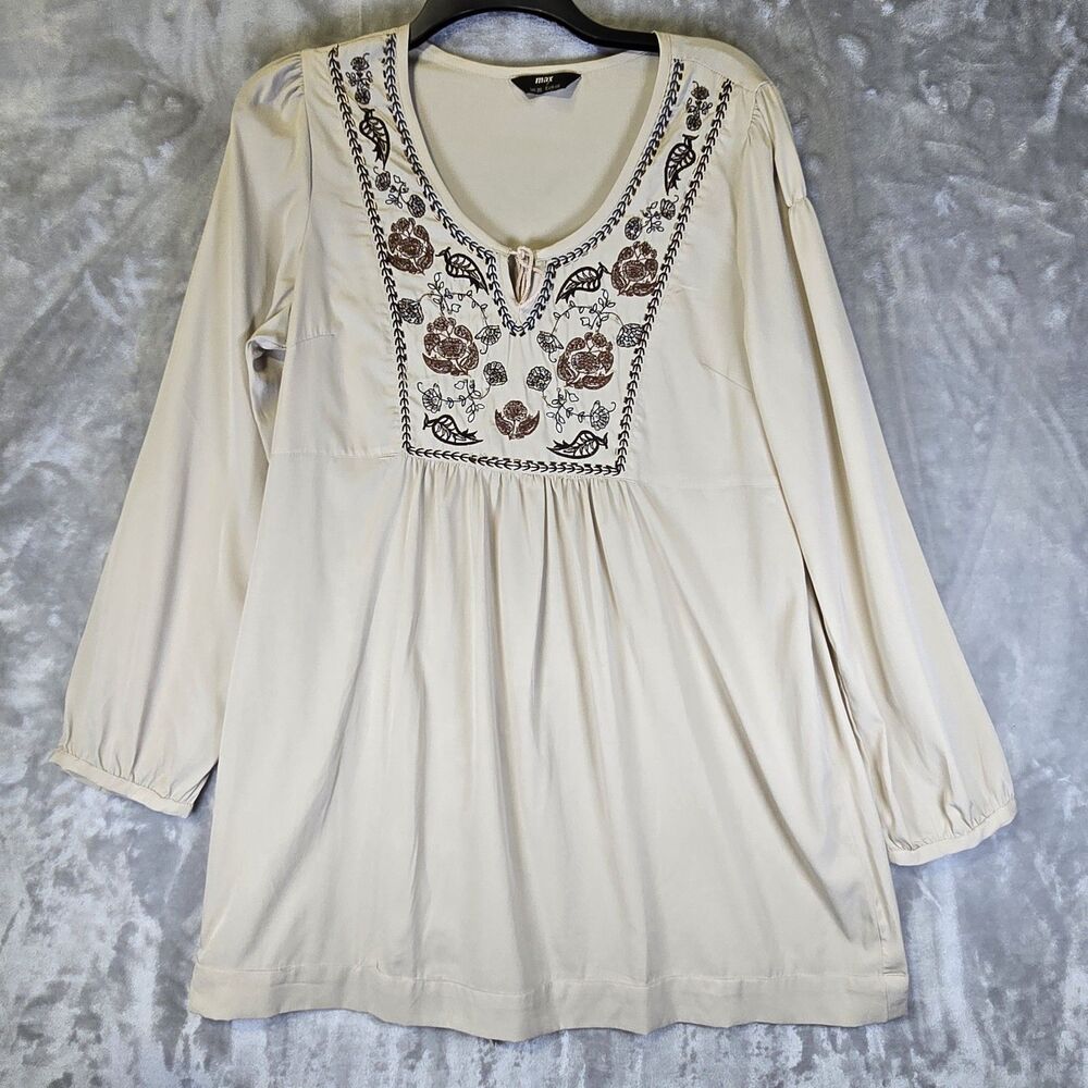 Max Tunic Blouse Womens L-XL Floral Embroidery Beaded Peasant Cottagecore Boho